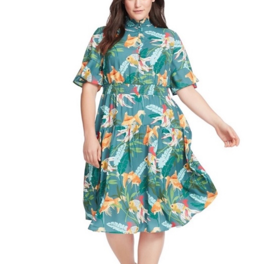 ELOQUII Koi Fish Flare Sleeve Midi Dress Size 20